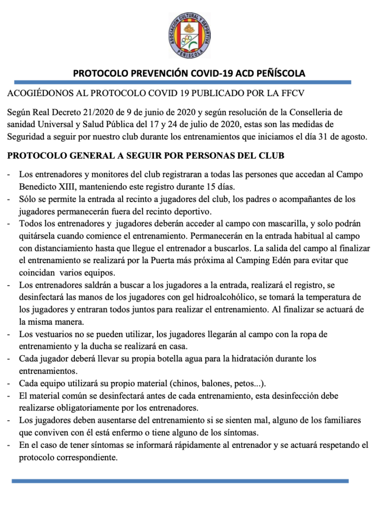 Protocolo prevención Covid-10 PERSONAS DEL CLUB
